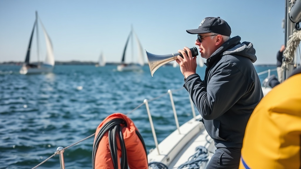 경기 위원회가 호른으로 음향 신호를 발령하는 장면