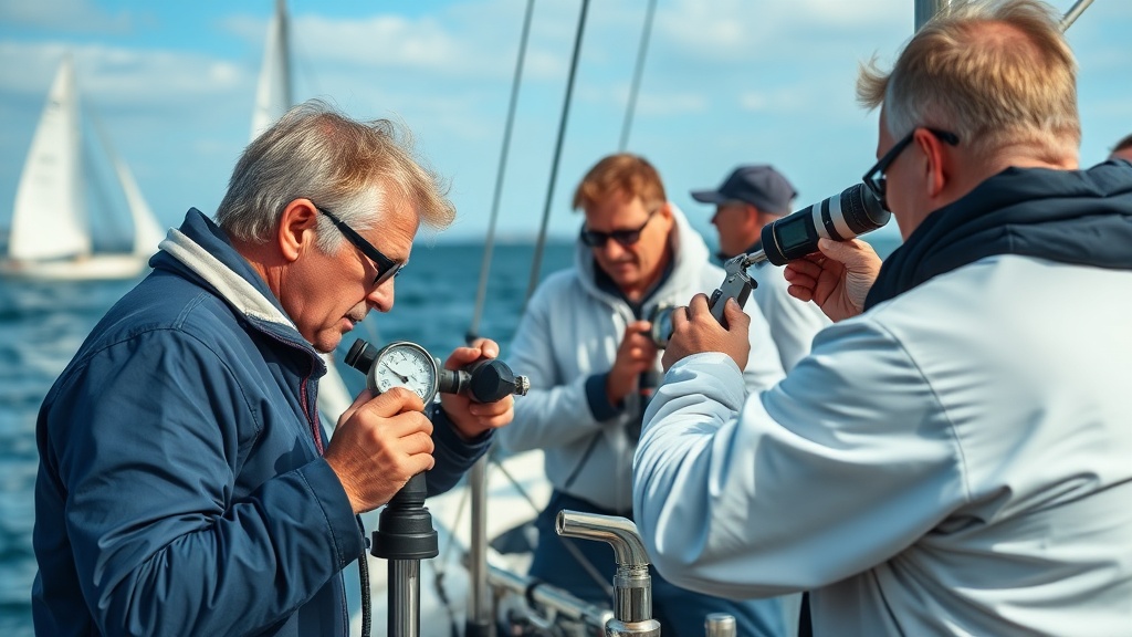 위원회 보트에서 바람을 측정하며 코스를 조정하는 장면